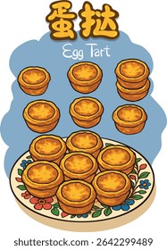 Um prato de tartes de ovo marrom-dourado fica sedentinho, com alguns espalhados ao redor, exibindo suas crostas escamosas e recheio cremoso. O aroma é irresistível. Tradução: Egg Tart.