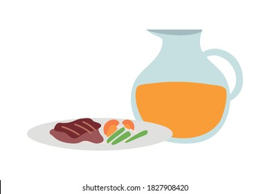 Plate of gourmet food and jug of juice on white background vector illustration design