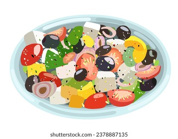 Plate with greek salad. Vector isolated illustration. Traditional mediterranean cuisine.