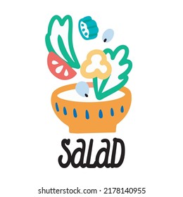 Plate with Greek salad, vegetables fly up. Bowl, tomato, cucumber, pepper, olives. Hand-drawn inscription. Vector flat cartoon illustration.