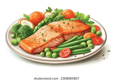 plate of grilled chicken with vegetables isolated on wite background, top view
