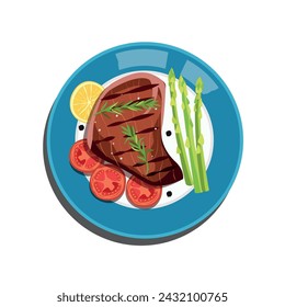 Plate with grilled meat steak with asparagus, tomatoes and lemon. view from above.Vector flat style cartoon illustration