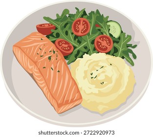 Ein Teller gegrillter Lachs mit Kartoffelbrei und ein gemischter grüner Salat mit Tomaten auf weißem Hintergrund.