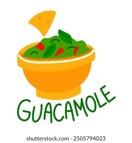 El plato de guacamole es una Ilustración vectorial plana con una inscripción resaltada sobre un fondo blanco. Mezcla de salsa de guacamole con trozos de pimienta. Los nachos se sumergen en salsa verde. Merienda mexicana