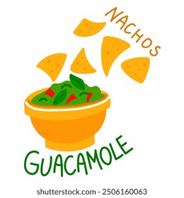 plate of guacamole with nachos is a flat vector illustration with an inscription highlighted on a white. mixture of guacamole sauce with pieces pepper. nachos fall into the green sauce. Mexican snack