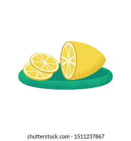 Plate with half lemon. Vector Illustration. Flat Style. Decorative Design for Cafeteria, Posters, Banners, Cards. Fruit with c for health in cough or virus