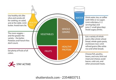 Platos de comida saludable. Plato sano. Ilustración vectorial con subtítulos. Programa de ejemplo de alimentos educativos etiquetados con verduras, granos enteros, fruta y proteína.