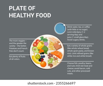 Plate of healthy food. Healthy plate. Vector illustration with captions. Labeled educational food example scheme with vegetables, whole grains, fruit and protein.