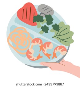 Plate of healthy food. Healthy plate. Vector illustration. Labeled educational food example scheme with vegetables, whole grains, fruit and protein as needed nutrition elements and ingredients.