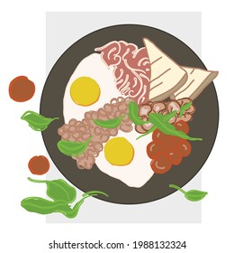 Plate of healthy nutritious cooked high protein caloric healthy eggs bacon spinach beans tomato breakfast top view of a fitness bowl vector illustration