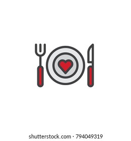 Plate with heart, fork and knife filled outline icon, line vector sign, linear colorful pictogram isolated on white. Romantic dinner symbol, logo illustration. Pixel perfect vector graphics