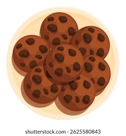 Plate holding several round chocolate chip cookies fresh out of the oven
