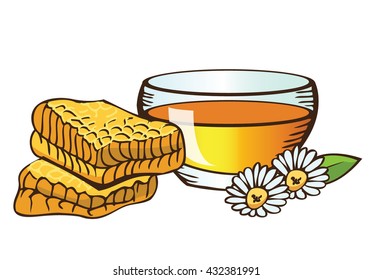 Plate with honey, honeycomb and chamomile