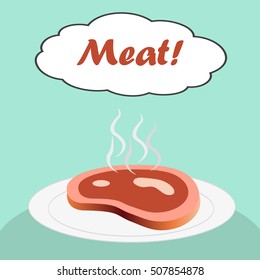 Plate of hot delicious steak. Vector illustration