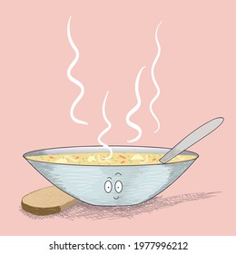 A plate of hot soup with eyes and a piece of bread