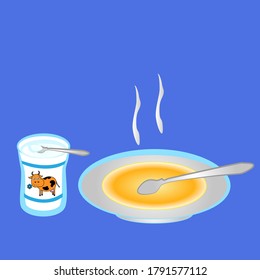 Plate with hot soup and a jar of sour cream isolated on a blue background.