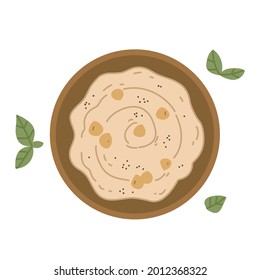 A plate of hummus, chickpea dishes. Healthy vegetarian breakfast in a flat style. International hummus day vector illustration. Isolated vector image on white background. Menu logo.