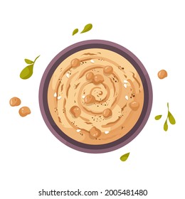 A plate of hummus, a traditional food in India made from chickpeas. Healthy vegetarian breakfast with chickpeas. International hummus day vector illustration. Traditional arabic food