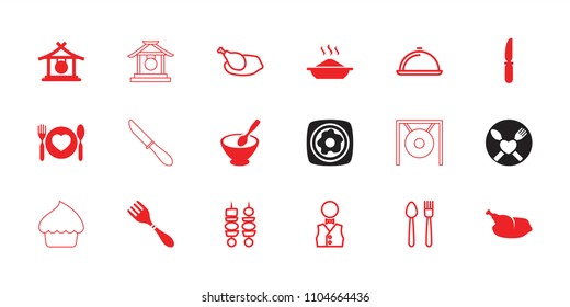 Plate icon. collection of 18 plate filled and outline icons such as gong, knife, chicken, kebab, waiter, dish, porridge, soup, fork. editable plate icons for web and mobile.