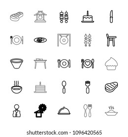 Plate icon. collection of 25 plate outline icons such as cake with one candle, baby chair, spoon, knife, fork, soup, beef, kebab. editable plate icons for web and mobile.