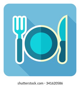 Plate icon with fork and knife. Vector illustration. Flat design.