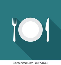 Plate icon with long shadow. Flat design style. Plate simple silhouette. Modern, minimalist icon in stylish colors. Web site page and mobile app design vector element.