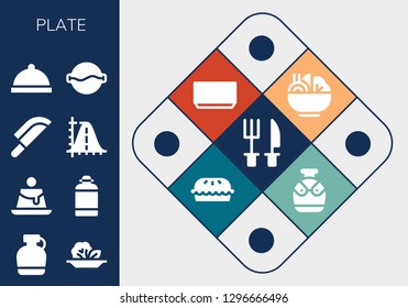  plate icon set. 13 filled plate icons. Simple modern icons about  - Cutlery, Canteen, Salad, Creme caramel, Knife, Parabola, Dinner, Soup, Pie