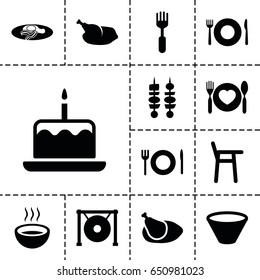 Plate icon. set of 13 filled plateicons such as plate fork and spoon, cake with one candle, fried egg and bacon, fork, soup, plate with spoon and fork, gong, kebab, chicken