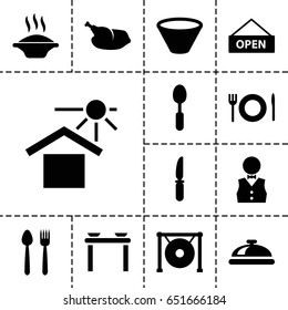 Plate icon. set of 13 filled plateicons such as dish, spoon, knife, house under sun, gong, waiter, plate fork and spoon, chicken, bowl, open plate