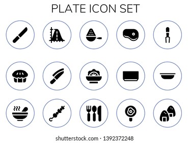 plate icon set. 15 filled plate icons.  Simple modern icons about  - Knife, Pie, Parabola, Spoon, Salad, Steak, Soup, Fork, Bowl, Brochette, Cutlery, Fried egg, Onigiri
