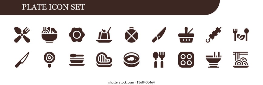 plate icon set. 18 filled plate icons.  Collection Of - Cutlery, Salad, Fried egg, Jelly, Canteen, Knife, Picnic, Brochette, Soup, Steak, Petri dish, Spoon, Stove, Custard, Spaghetti