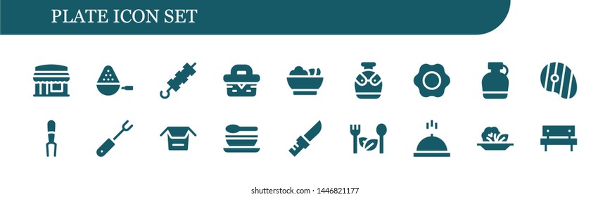 plate icon set. 18 filled plate icons.  Simple modern icons about  - Restaurant, Spoon, Brochette, Picnic, Salad, Canteen, Fried egg, Steak, Fork, Noodles, Soup, Knife, Meal