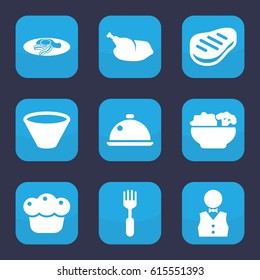 Plate icon. set of 9 filled plate icons such as fried egg and bacon, fork, beef, pie, waiter, dish, food, chicken