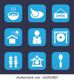 Plate icon. set of 9 filled plate icons such as gong, spoon, soup, house under sun, kebab, chicken, waiter