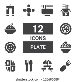 plate icon set. Collection of 12 filled plate icons included Fork, Picnic, Cutlery, Knifes, Salad, Pie, Petri dish, Coffee table, Noodles, Porridge, Metal