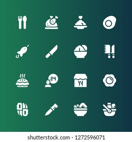 plate icon set. Collection of 16 filled plate icons included Picnic, Salad, Knife, Knifes, Fried egg, Restaurant, Room service, Pie, Knives, Brochette, Porridge, Turkey, Cutlery