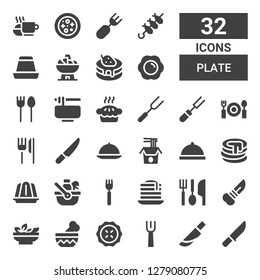 plate icon set. Collection of 32 filled plate icons included Knife, Fork, Pie, Bowl, Salad, Eating utensils, Pancake, Picnic, Jelly, Room service, Noodles, Restaurant, Dinner