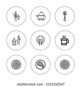 Plate icon set. collection of 9 outline plate icons with apprenhensive, carpet beater, butler, fork, hot drink, noodle soup, room service, steak icons. editable icons.
