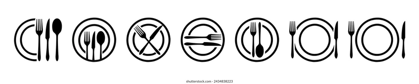 Plate icon set. Top view cutlery - fork knife spoon and serving plate design template.