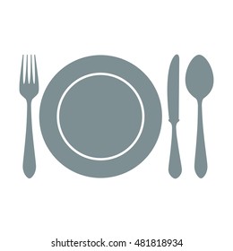 Plate icon. Plate with spoon, knife and fork Vector isolated on white background. Flat vector illustration in grey.