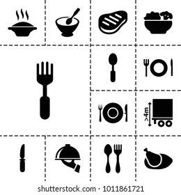 Plate icons. set of 13 editable filled plate icons such as soup, spoon, knife, fork, cargo height, beef, chicken, food, dish serving