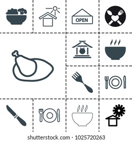 Plate icons. set of 13 editable filled and outline plate icons such as food, house under sun, chicken, gong, knife, fork