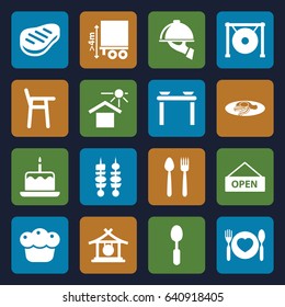 Plate icons set. set of 16 plate filled icons such as gong, cake with one candle, fried egg and bacon, spoon, house under sun, cargo height, plate with spoon and fork, beef