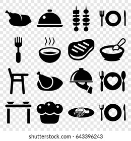 Plate icons set. set of 16 plate filled icons such as plate fork and spoon, porridge, fried egg and bacon, fork, soup, beef, kebab, pie, chicken, dish, dish serving