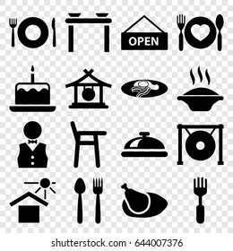 Plate icons set. set of 16 plate filled icons such as plate fork and spoon, dish, gong, cake with one candle, fried egg and bacon, fork, house under sun, chicken, waiter, soup