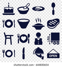 Plate icons set. set of 16 plate filled icons such as porridge, cake with one candle, fried egg and bacon, spoon, knife, cargo height, beef, waiter, dish serving, bowl, soup