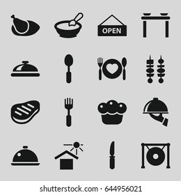 Plate icons set. set of 16 plate filled icons such as dish, porridge, spoon, knife, fork, house under sun, plate with spoon and fork, gong, beef, kebab, pie, chicken