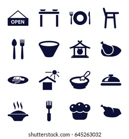 Plate icons set. set of 16 plate filled icons such as plate fork and spoon, dish, gong, porridge, fried egg and bacon, fork, house under sun, pie, chicken, bowl, soup