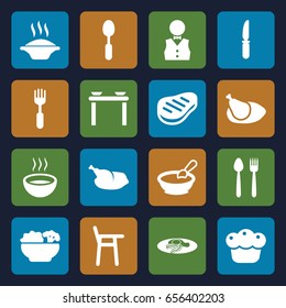 Plate icons set. set of 16 plate filled icons such as porridge, fried egg and bacon, spoon, knife, fork, soup, beef, pie, chicken, waiter, food, baby chair