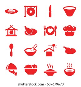 Plate icons set. set of 16 plate filled icons such as gong, porridge, fried egg and bacon, spoon, knife, soup, house under sun, plate with spoon and fork, pie, chicken, food